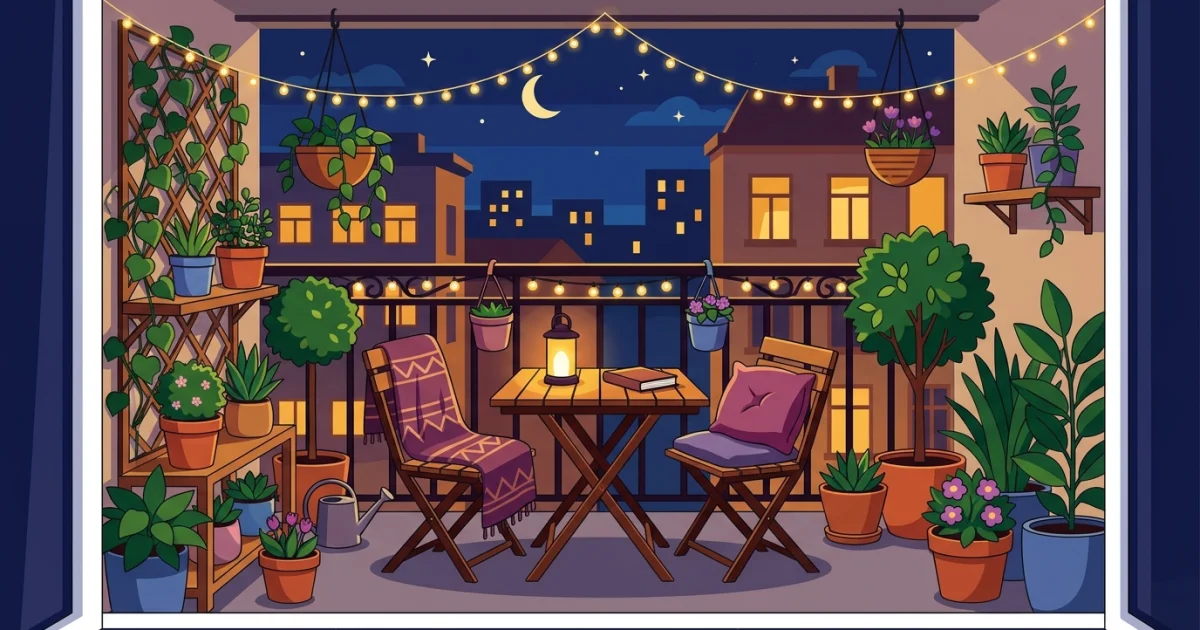 Balcón como lugar de descanso nocturno: luz, plantas y muebles compactos